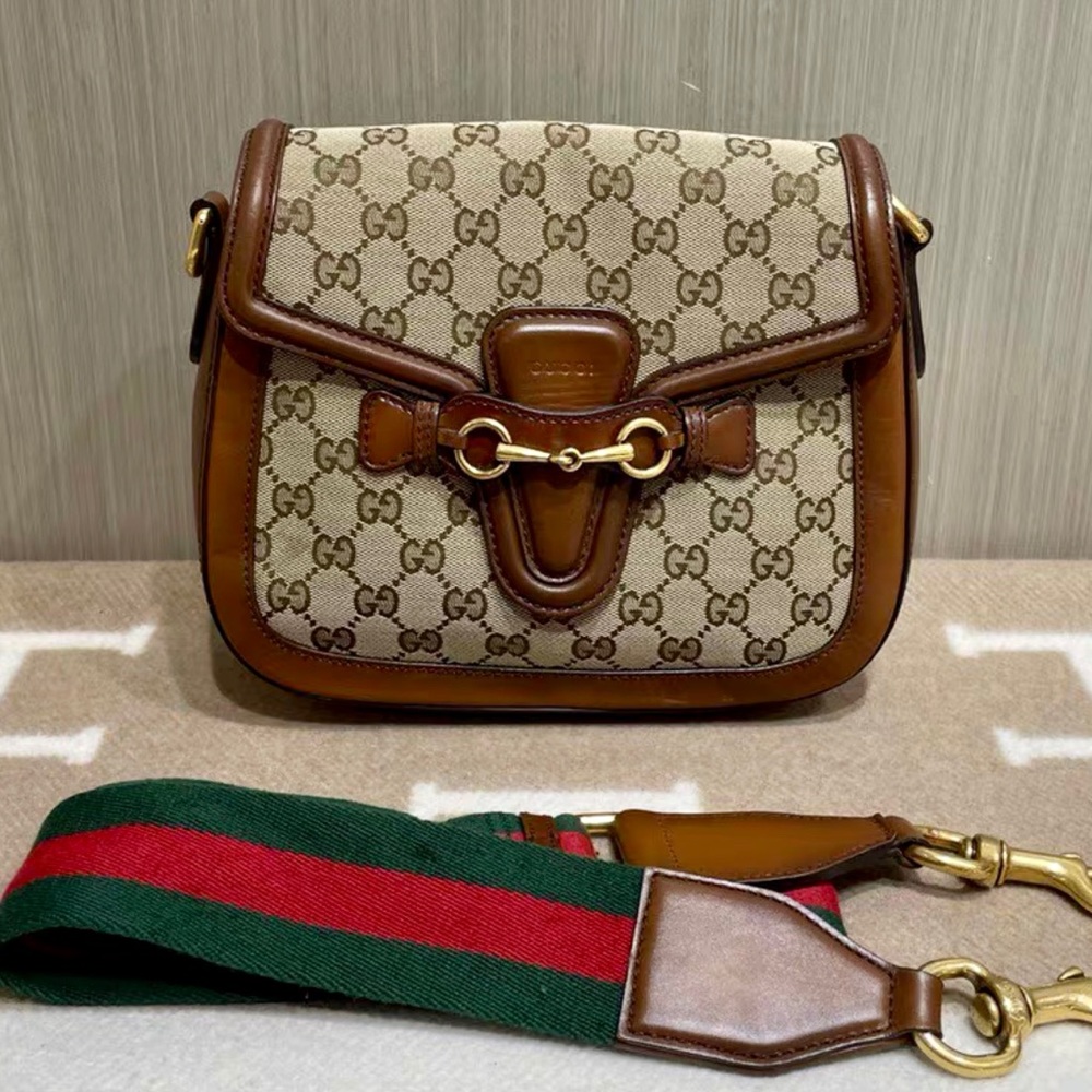 Gucci 1955 Horsebit Lady Web GG Canvas Guitar Brown Medium Monogram HandBag